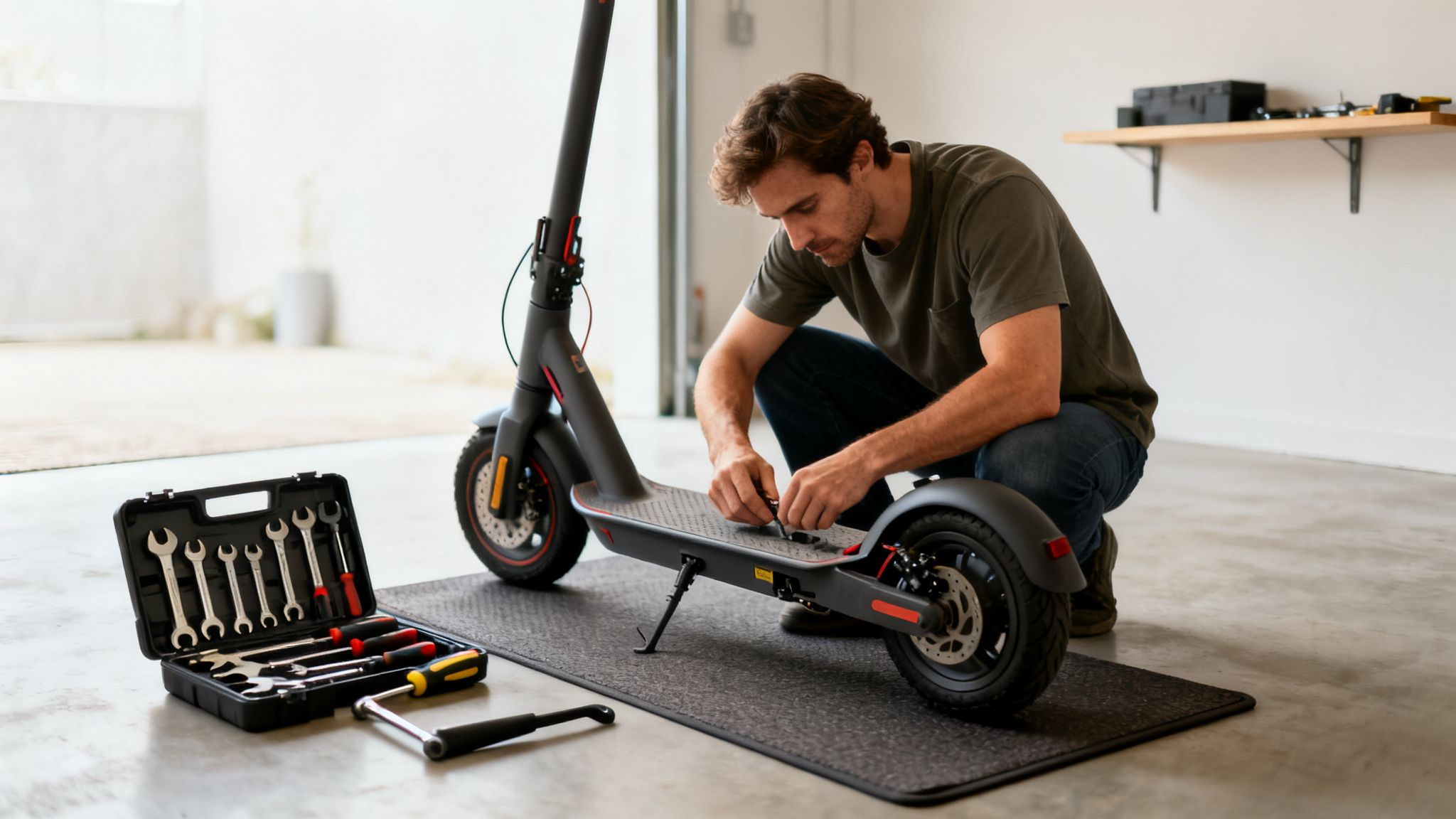 גבר מתקן קורקינט חשמלי על הרצפה במוסך, עם ארגז כלים פתוח לידו וכלים שונים.