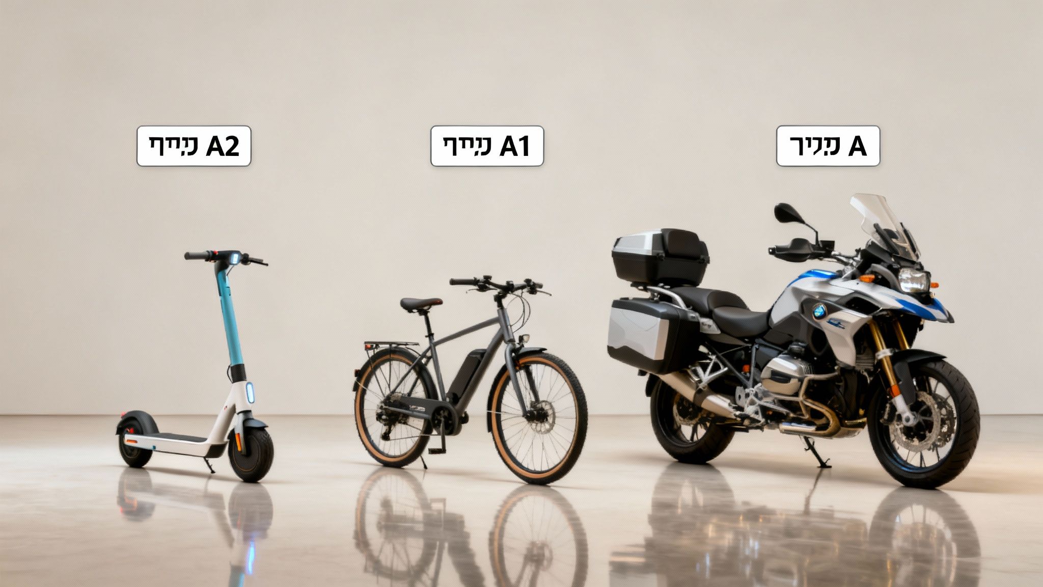 שלושה כלי רכב דו-גלגליים: קורקינט חשמלי, אופניים חשמליים ואופנוע, המייצגים קטגוריות רישיון נהיגה שונות A2, A1 ו-A.