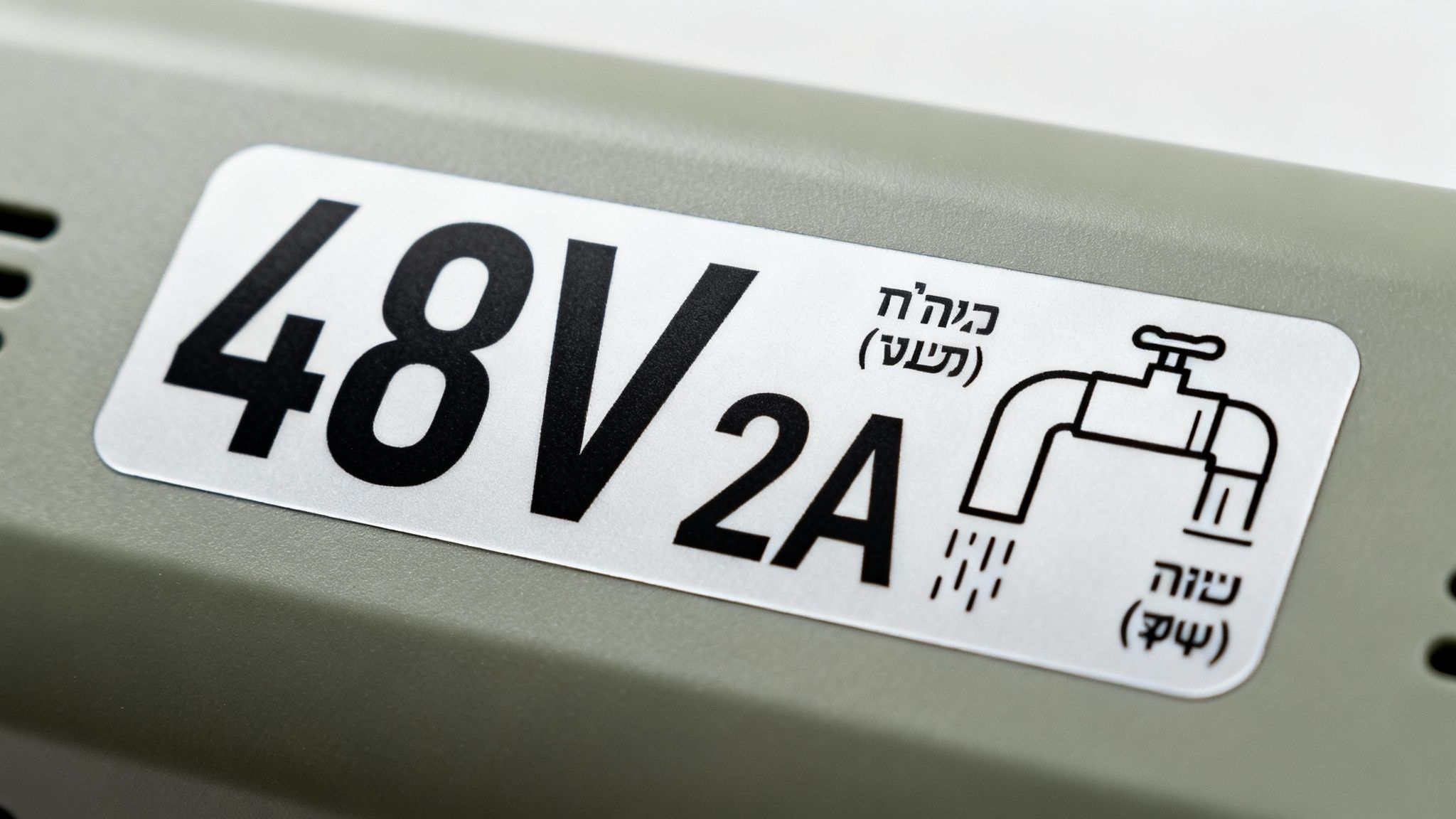 תווית לבנה על מטען אפור, מציגה 48V 2A, טקסט בעברית וסמל ברז מים מטפטף.