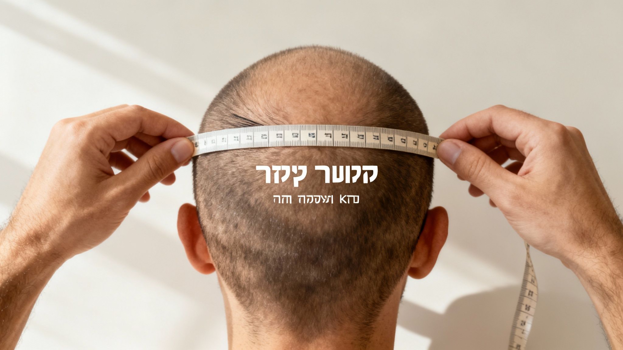 מבט אחורי על אדם מודד את היקף ראשו בסרט מדידה לבן לקביעת גודל קסדה.