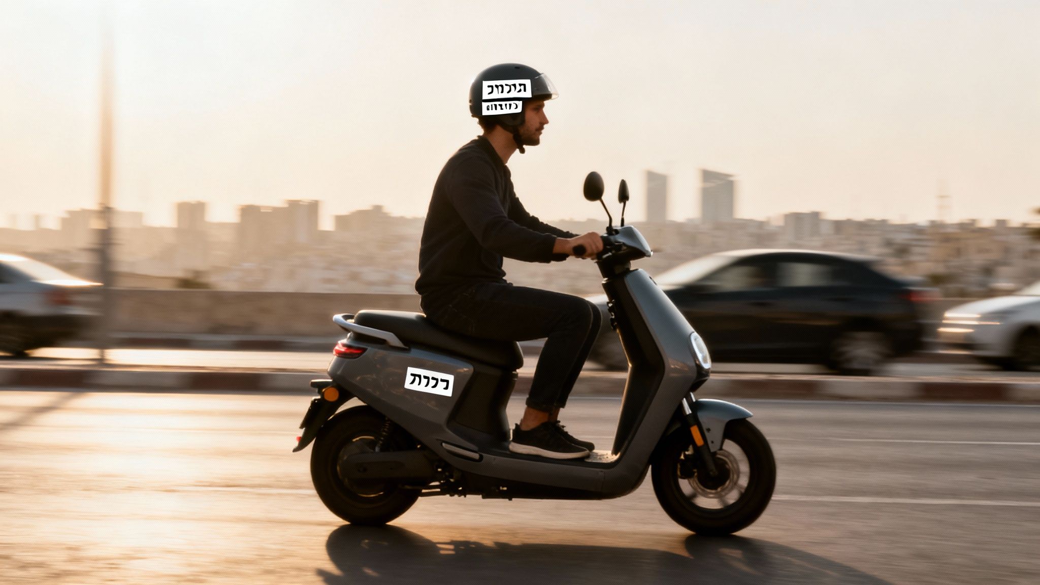 גבר רוכב על קטנוע אפור בכביש מהיר עם עיר מטושטשת ברקע. השמש שוקעת ומשתקפת על הכביש.