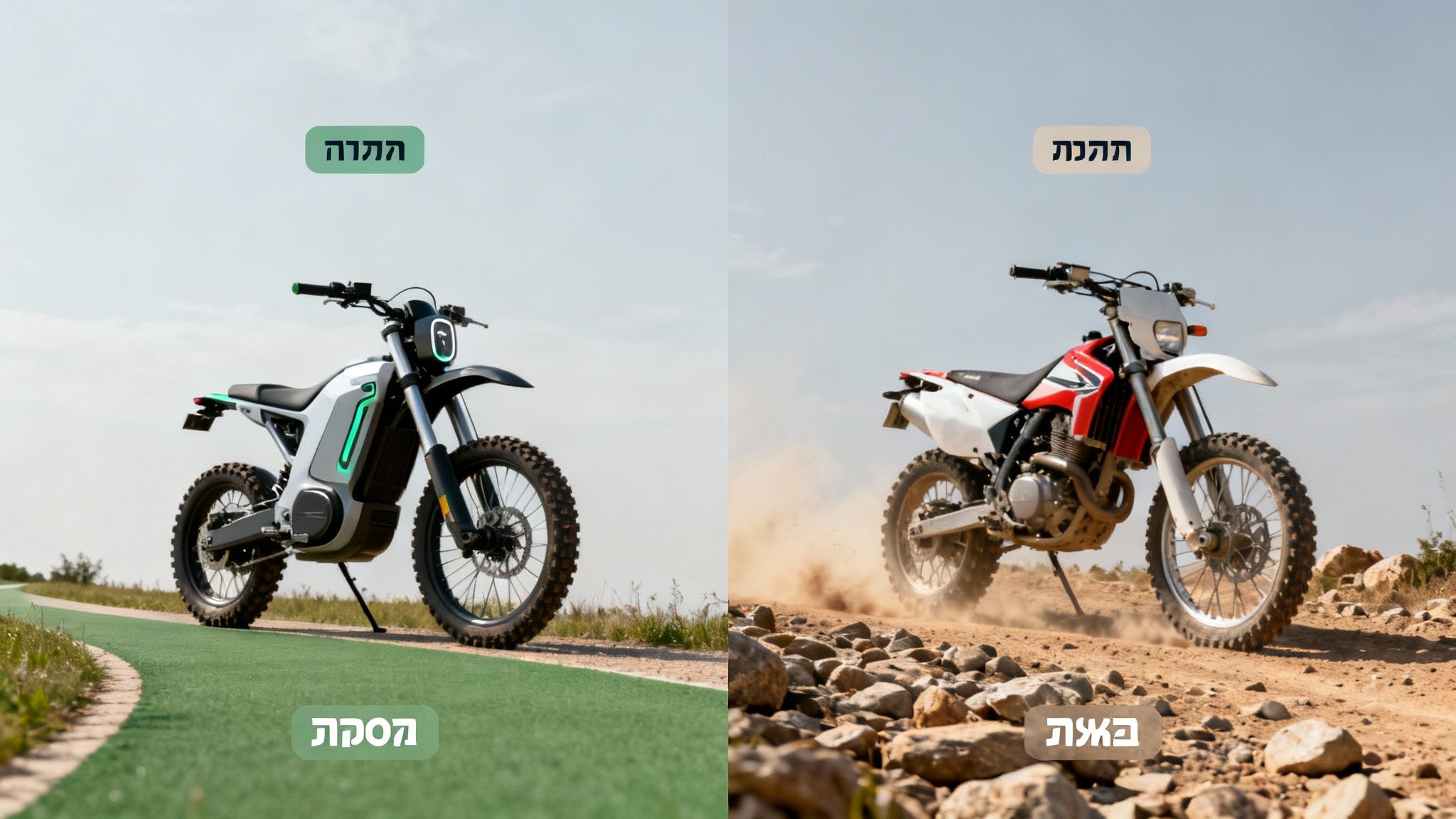 תמונת השוואה בין אופנוע שטח חשמלי מודרני על שביל ירוק לאופנוע בנזין מסורתי על דרך עפר סלעית.