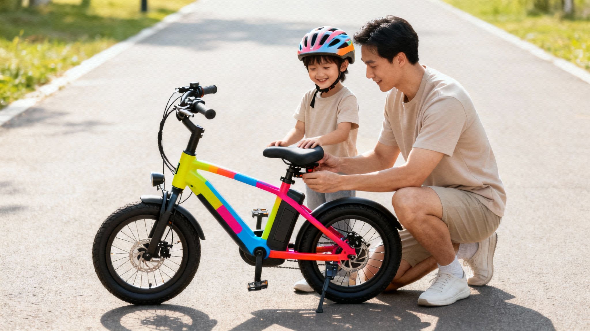 אבא וילד מתאימים את מושב אופניים חשמליות צבעוניות, הילד חובש קסדה ומחייך.