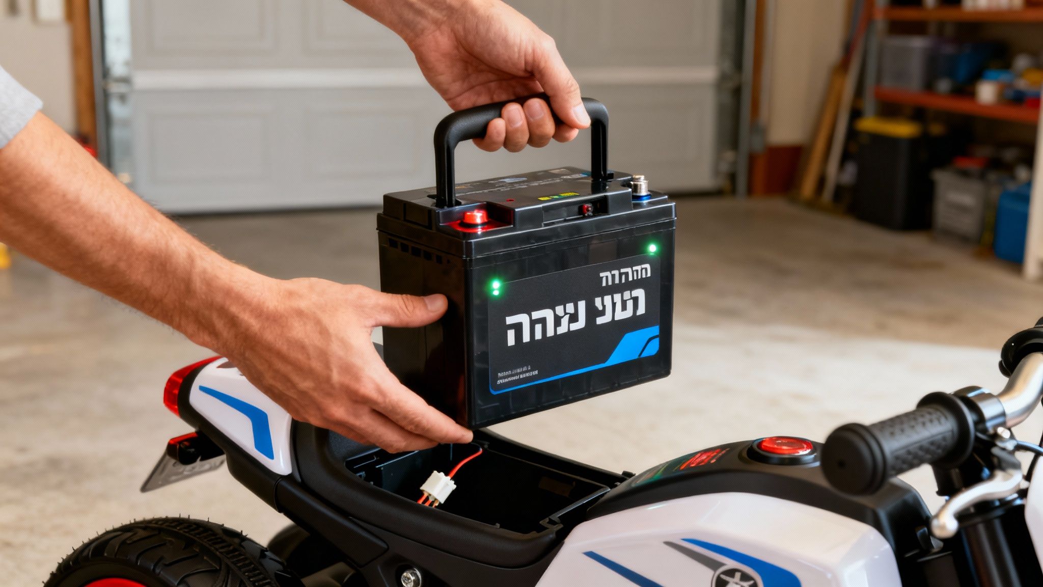 ידיים מכניסות בזהירות סוללה נטענת שחורה, עם נורות ירוקות וידית, לתוך אופנוע חשמלי לבן וכחול לילדים במוסך.