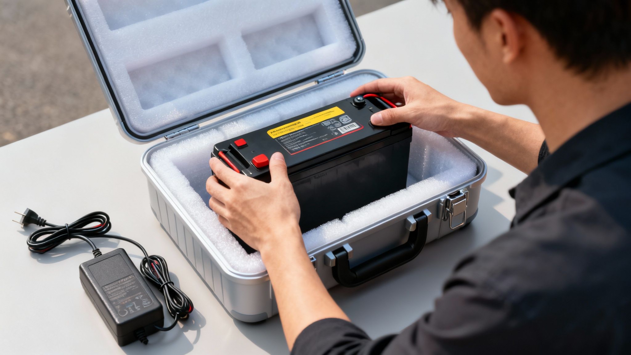 אדם מכניס סוללה שחורה גדולה למארז כסף מרופד בקצף, ליד מטען על שולחן לבן.