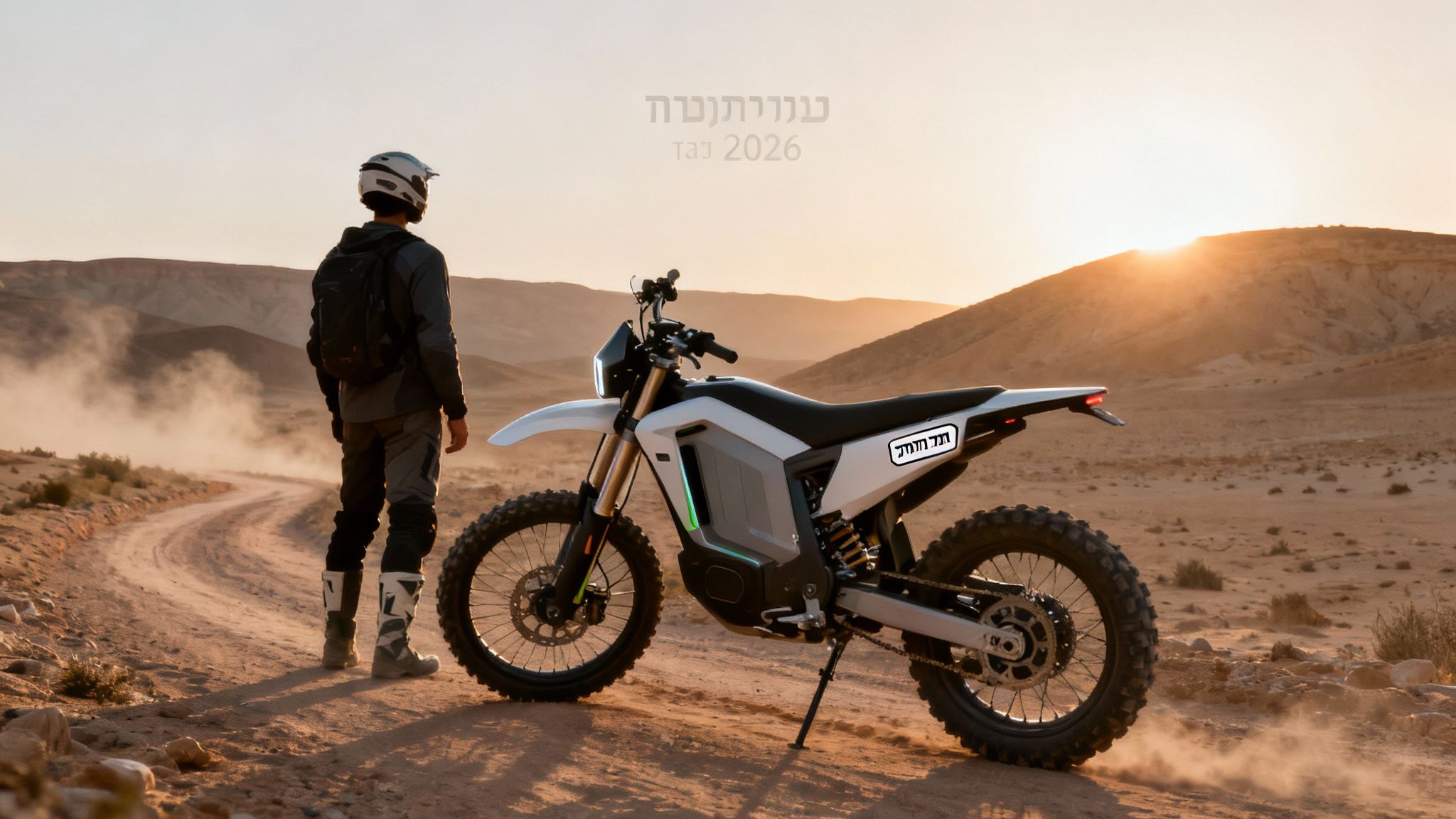 רוכב עם אופנוע שטח חשמלי לבן עומד בדרך עפר מדברית בשקיעה, סביבו אבק קל.