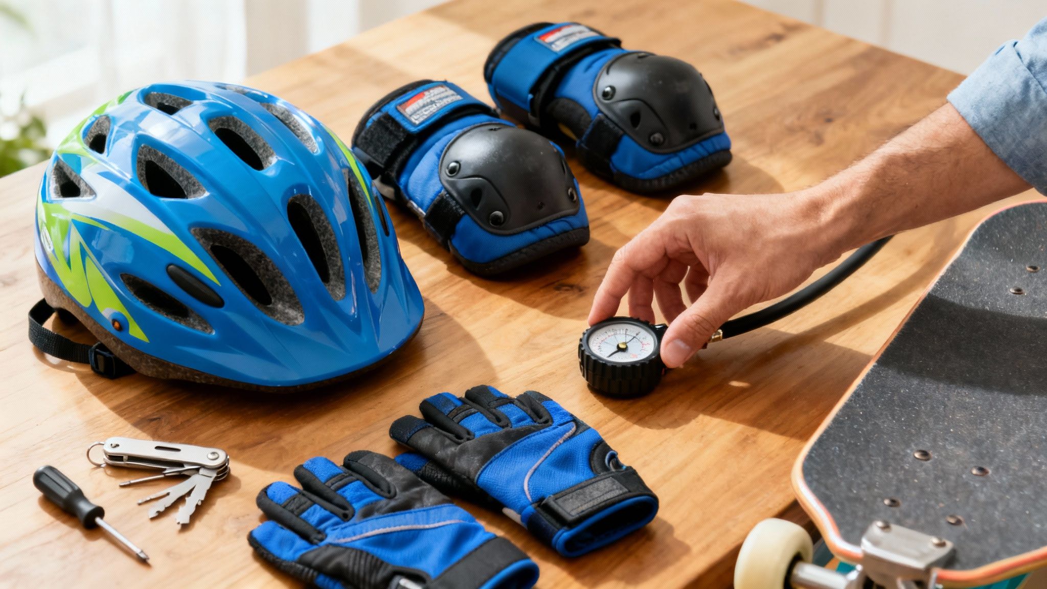 ציוד בטיחות לקורקינט או סקייטבורד: קסדה, מגנים, כפפות וכלי עבודה על שולחן עץ.