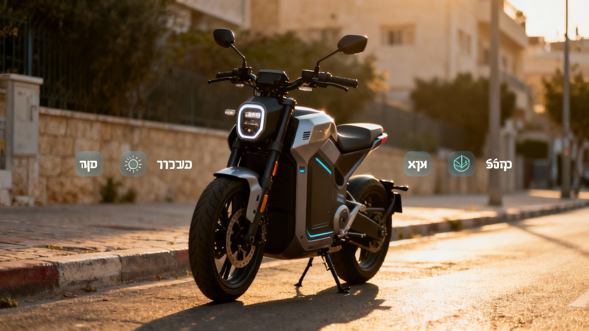 אופנוע חשמלי חדשני בצבע אפור מטאלי חונה ברחוב שקט באור שקיעה, מציג ממשק משתמש עם אייקונים זוהרים וטקסט.