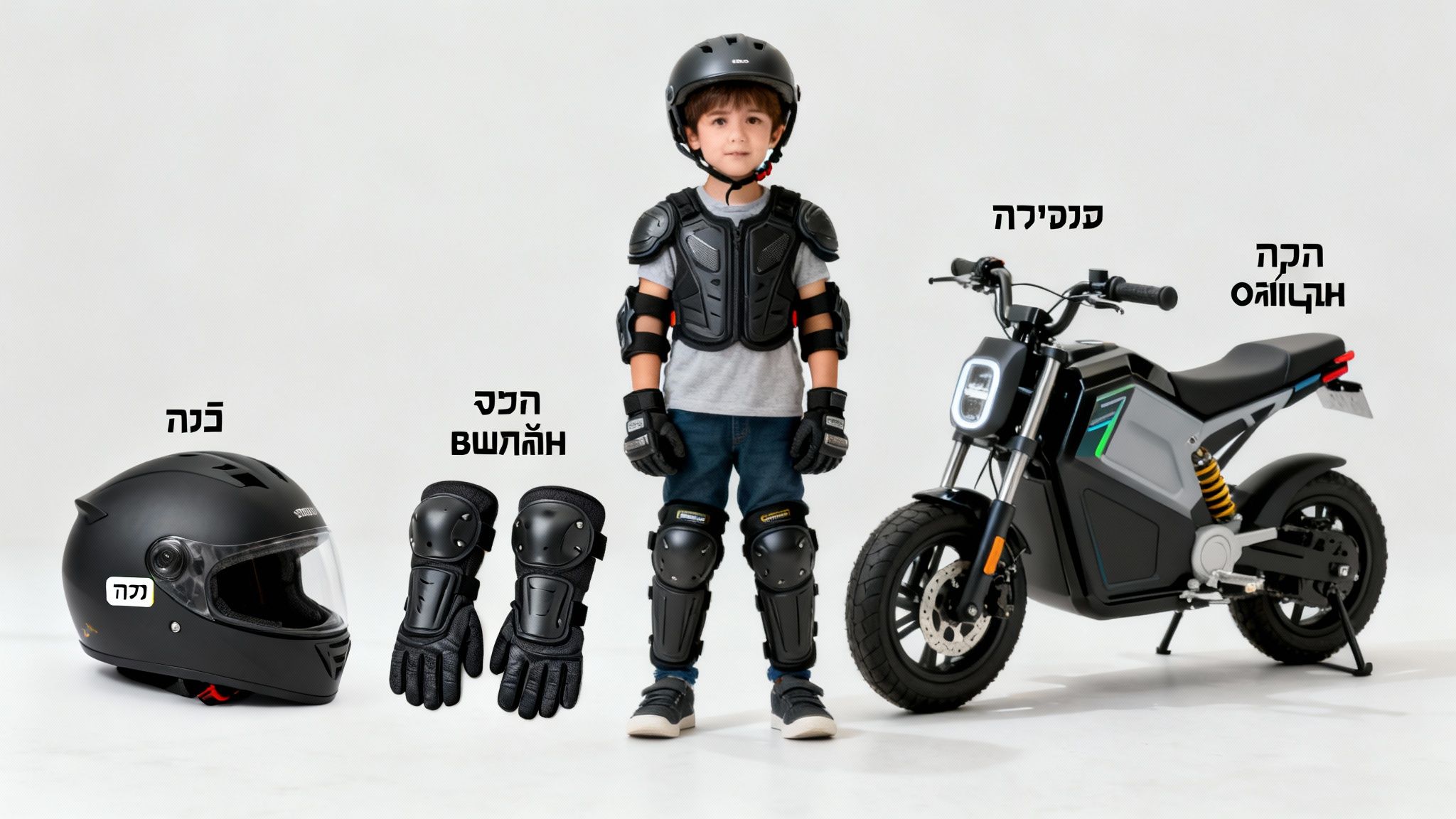 ילד לבוש ציוד מגן מלא, כולל קסדה, לצד אופנוע חשמלי לילדים עם ציוד בטיחות נפרד.