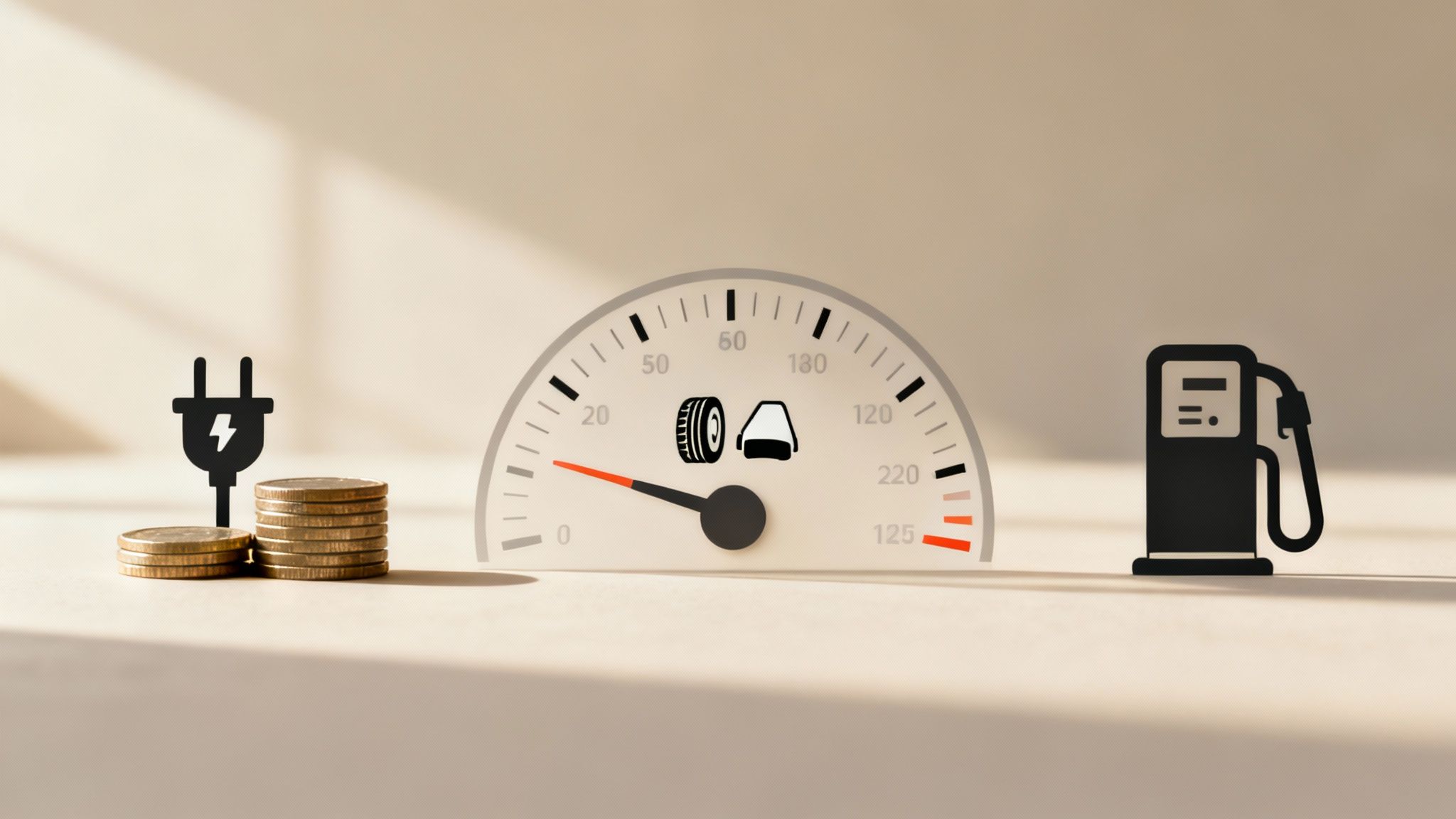 תמונה המציגה השוואה בין עלויות תדלוק רכב בנזין לרכב חשמלי, עם מד מהירות ומטבעות.