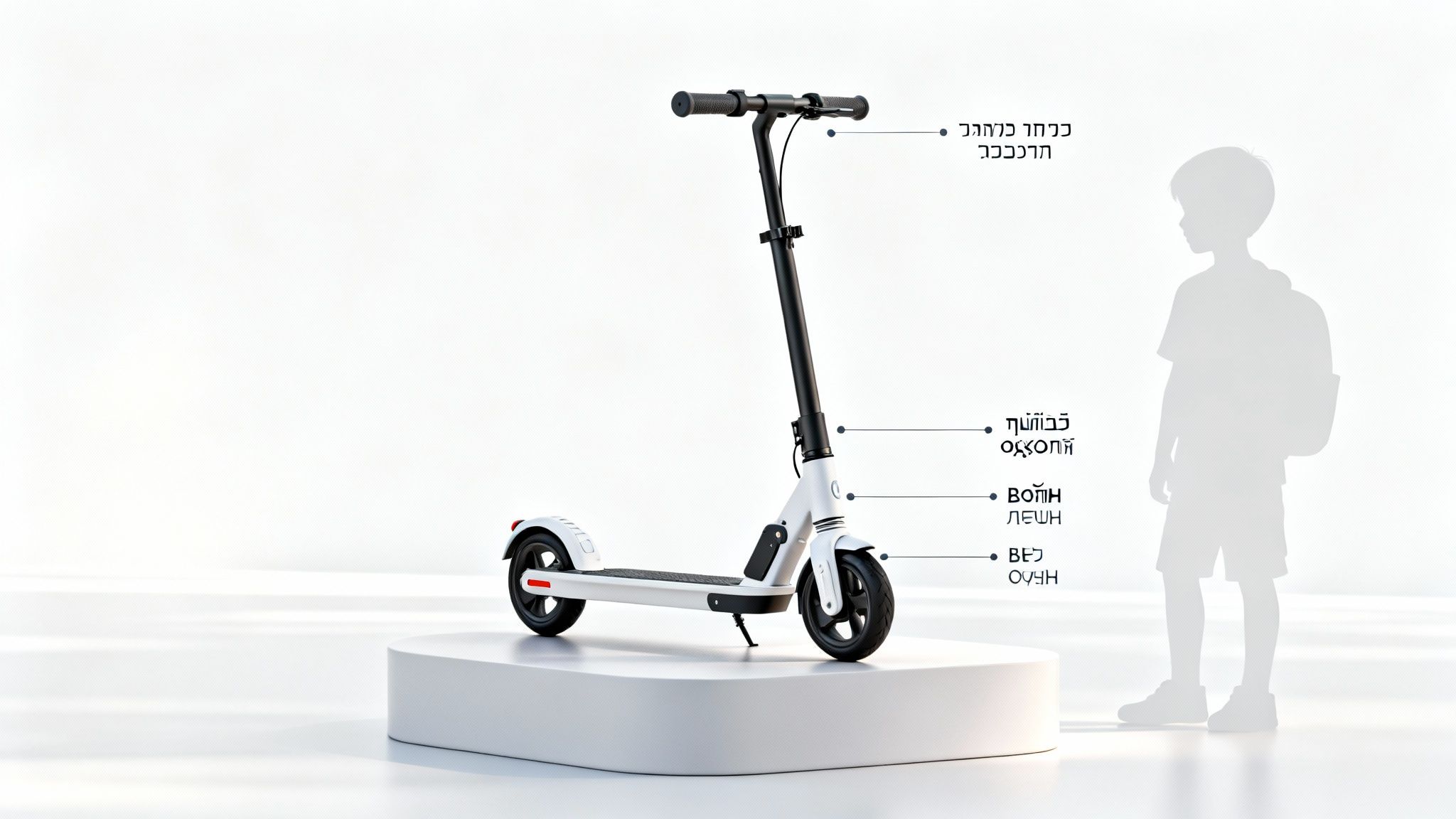 קורקינט חשמלי לבן לילדים עומד על במה לבנה, עם צללית ילד עומדת לידו. תצוגה נקייה.