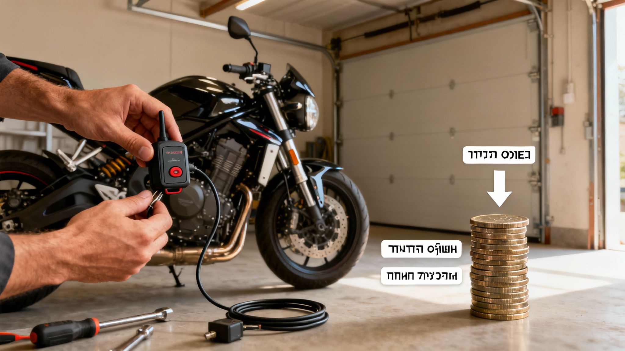 גבר מתקין מכשיר מעקב ואבטחה לאופנוע שחור במוסך, עם ערימת מטבעות המסמלת חיסכון בביטוח.