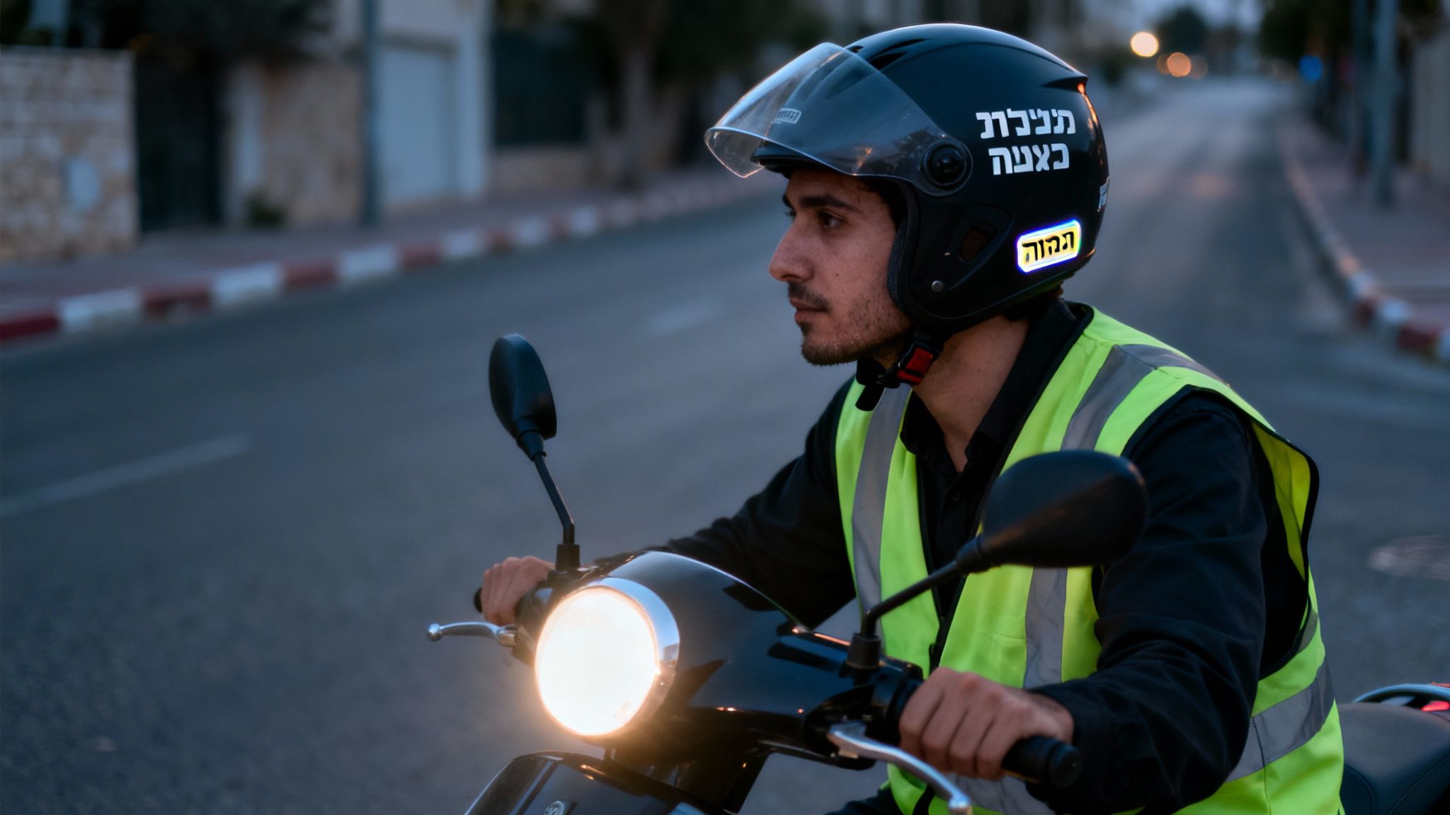 שליח עם קסדה וווסט רפלקטיבי רוכב על אופנוע קטנוע ברחוב עירוני בלילה.