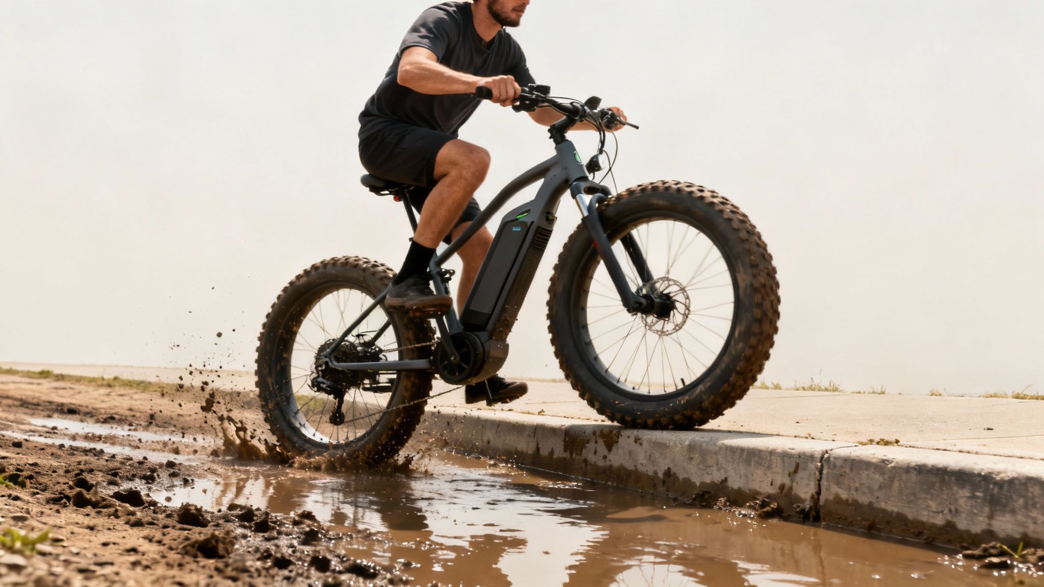 גבר רוכב על אופניים חשמליים עם גלגלים עבים דרך שלולית בוצית גדולה, מתיז מים לכל עבר.