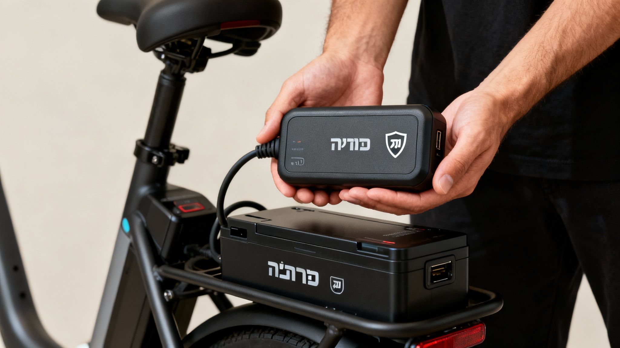 אדם מחזיק מטען שחור בידיו ומתכונן לחברו לסוללת אופניים חשמליים המורכבת על מתקן אחורי.