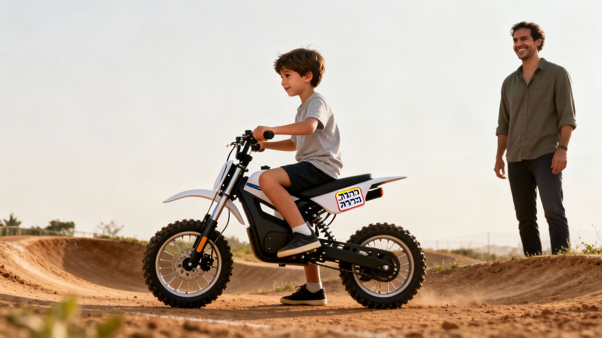 ילד רוכב על אופנוע שטח חשמלי לבן עם אביו המחייך לצידו על מסלול עפר.