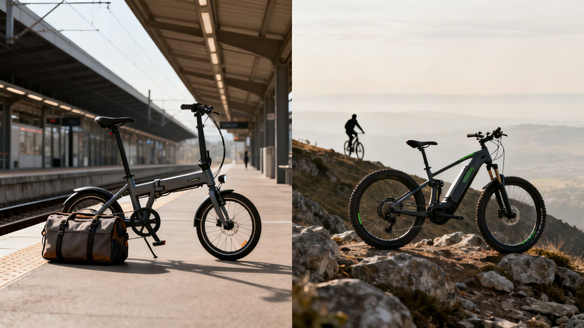 שני זוגות אופניים חשמליים: אופניים מתקפלים ברציף רכבת ואופני הרים חשמליים בשביל סלעי בטבע, עם נוף פתוח.