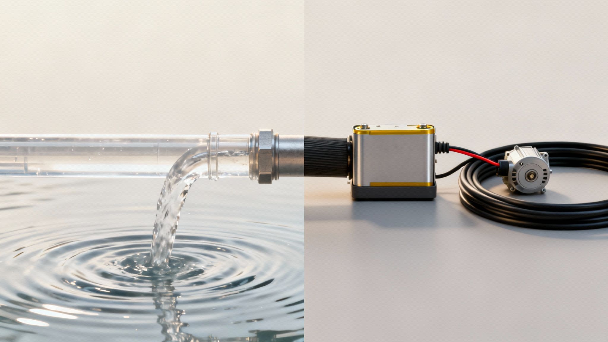 צינור שקוף עם מים זורמים לתוך בריכה, לצד צינור אלקטרוני עם מנוע וכבלים.