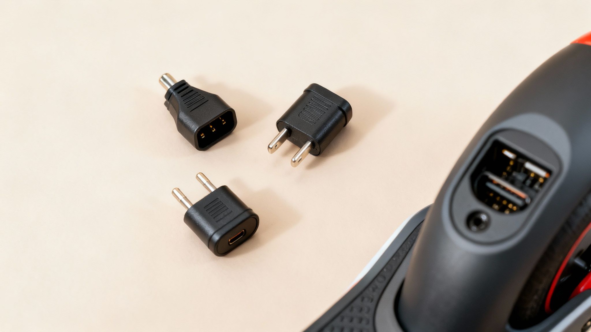 מבחר מתאמי חשמל שחורים וחיבורי טעינה שונים, מונחים על משטח בהיר ליד חלק מקורקינט חשמלי.