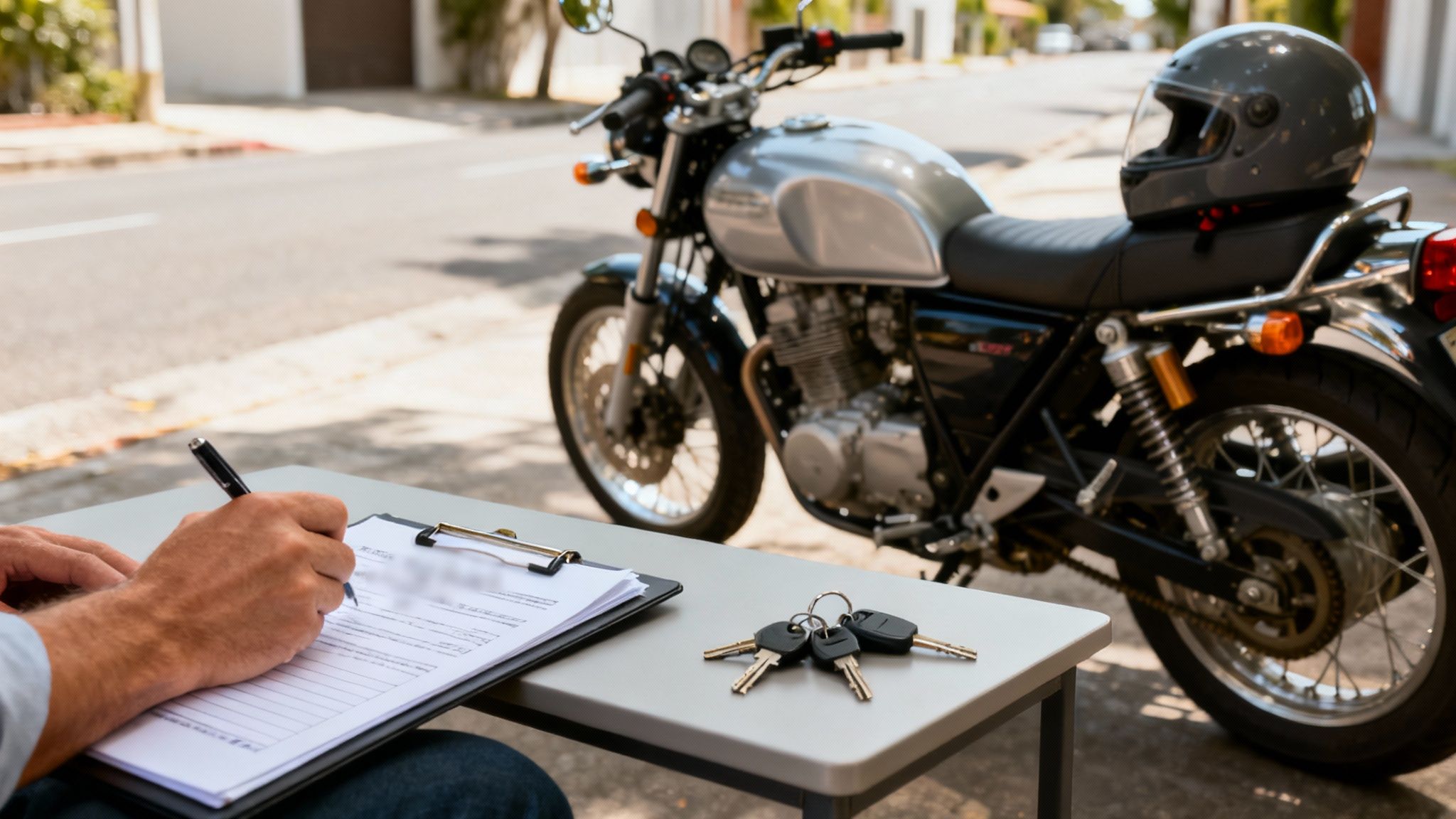 אדם חותם על מסמכים ליד מפתחות אופנוע, עם אופנוע כסוף קלאסי חונה ברקע. עסקה לאופנוע יד שנייה.