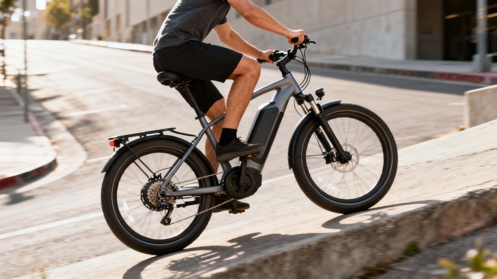 רוכב אופניים חשמליים ביום שמשי, עולה בעלייה בכביש עם בגדי ספורט.