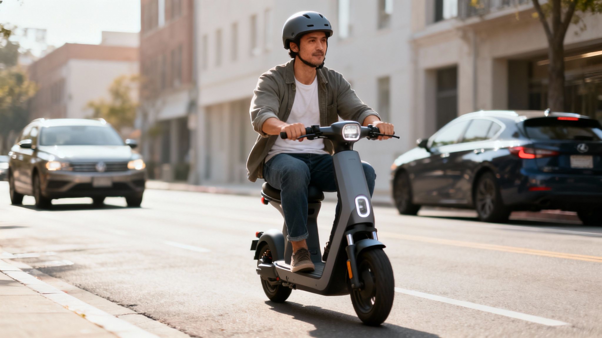 גבר חובש קסדה רוכב על קורקינט חשמלי אפור על כביש עירוני מואר, עם מכוניות ובניינים ברקע.