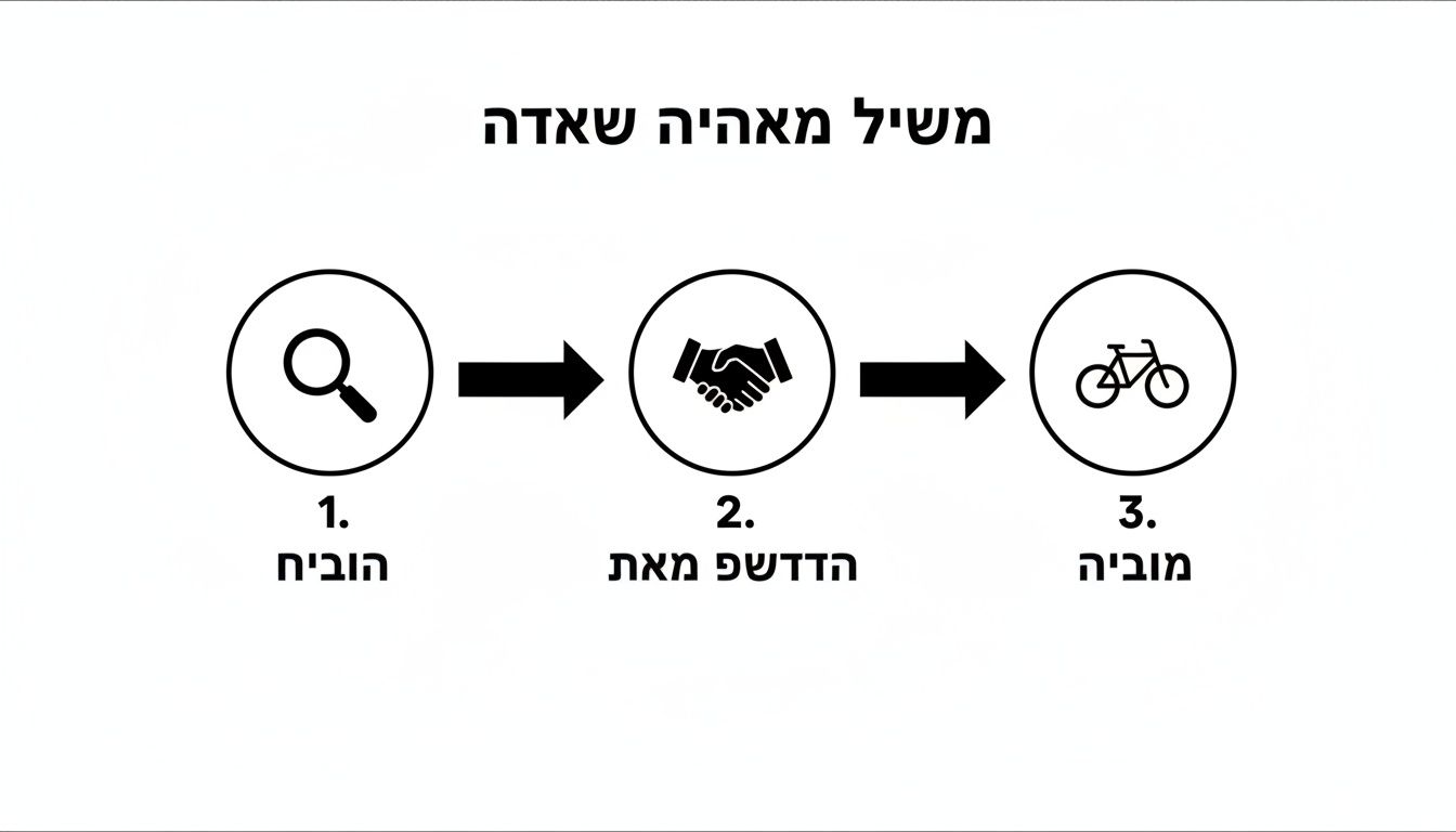 תרשים זרימה תלת-שלבי מציג: חיפוש (זכוכית מגדלת), הסכם (לחיצת יד), ואופניים (מוצר סופי או ניידות).