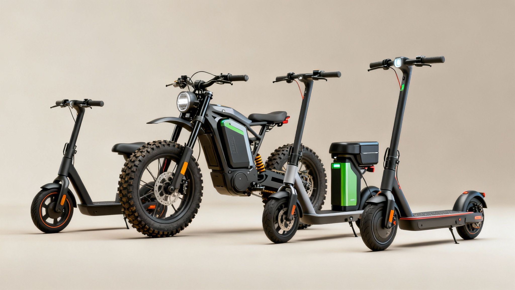 תמונה המציגה אופנוע חשמלי ושלושה קורקינטים חשמליים עם סוללות ניידות.