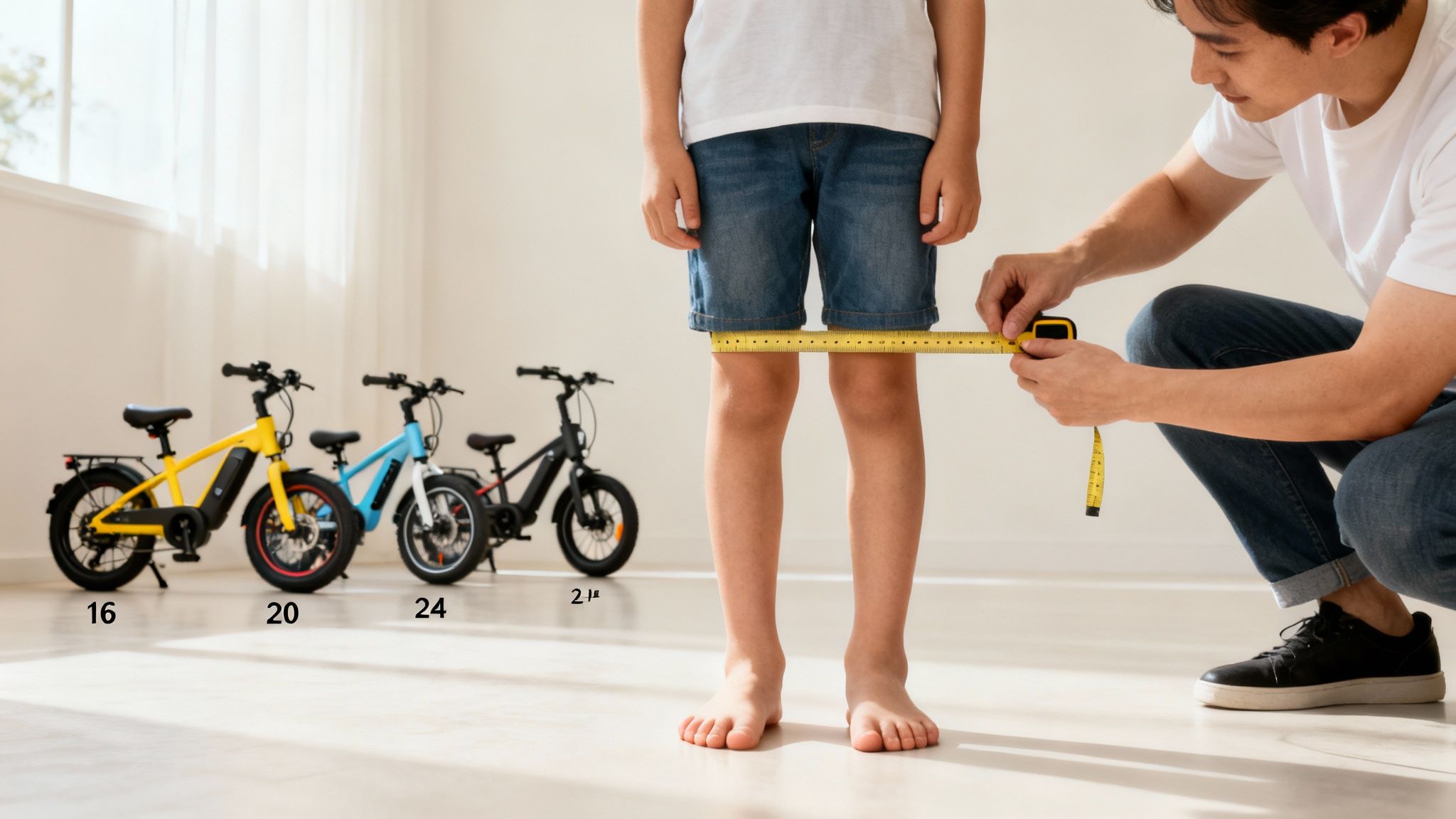 אבא מודד לילד את רגל הפנימית בעזרת סרט מידה, כשברקע אופניים חשמליים לילדים בגדלים שונים.