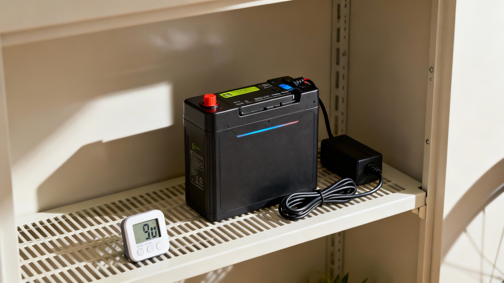 סוללה שחורה לאופניים חשמליים עם מטען וכבל על מדף מחורר, ולידה טיימר דיגיטלי.