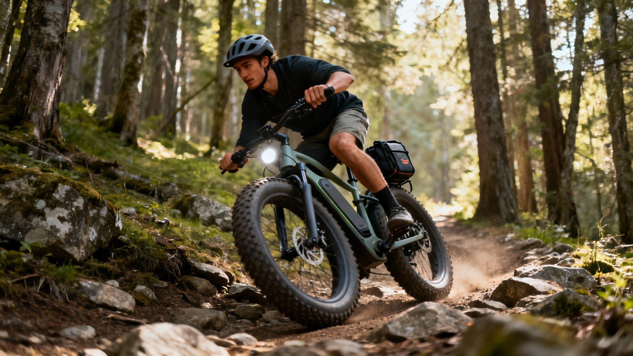 רוכב אופני הרים חשמליים עם גלגלים עבים בשביל סלעי ביער מוצל.