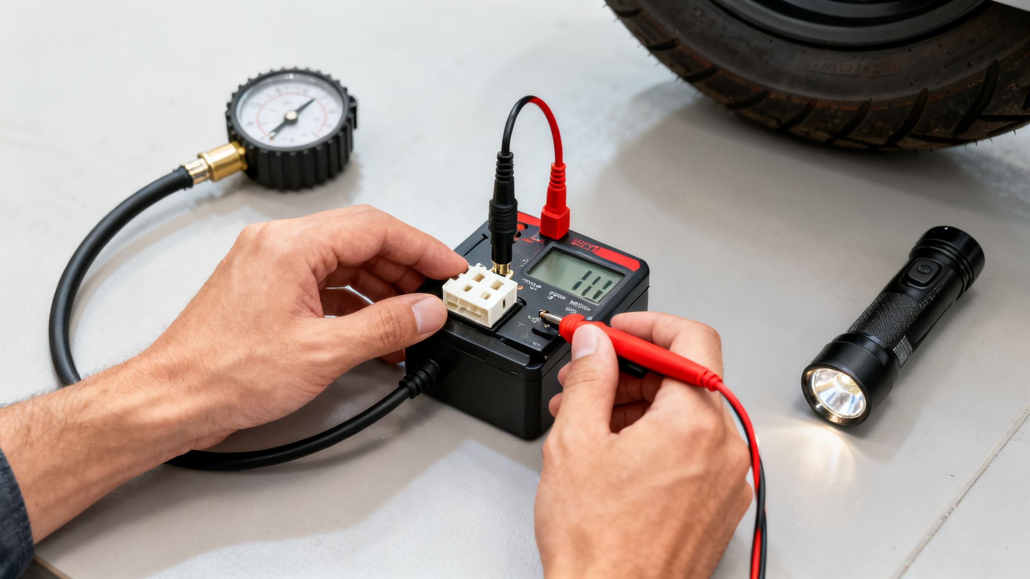 ידיים בודקות רכיבים אלקטרוניים עם מולטימטר ומד לחץ, ליד גלגל של קורקינט חשמלי.