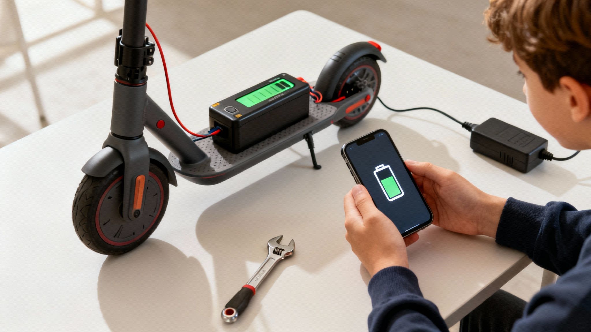 ילד בודק את הטלפון שלו עם סמל סוללה, ליד קורקינט חשמלי נטען עם סוללה חיצונית מוארת בירוק, וכלי עבודה על השולחן.
