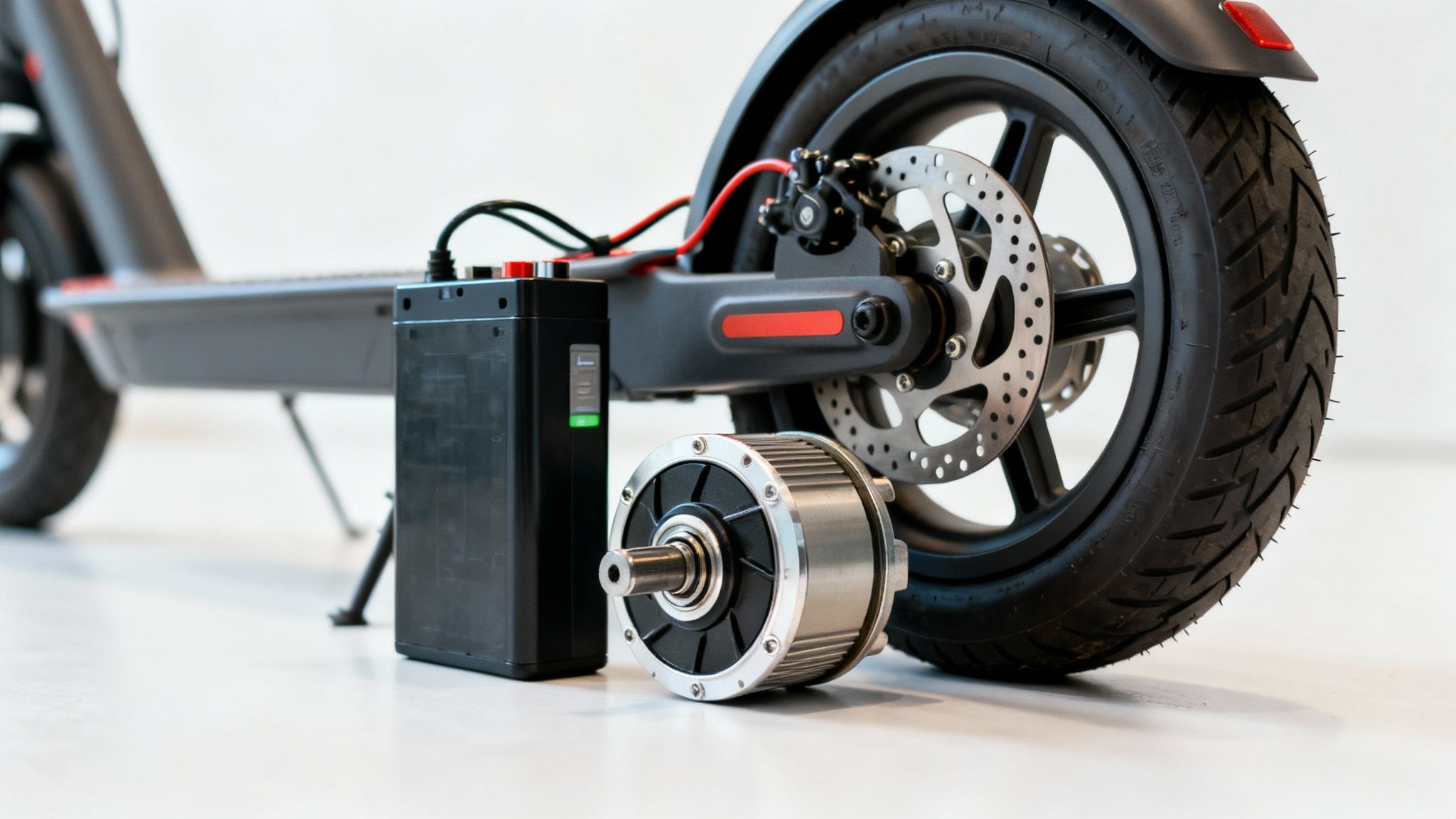 חלקי קורקינט חשמלי מפורקים: גלגל אחורי, בלם דיסק, סוללה ומנוע חשמלי.