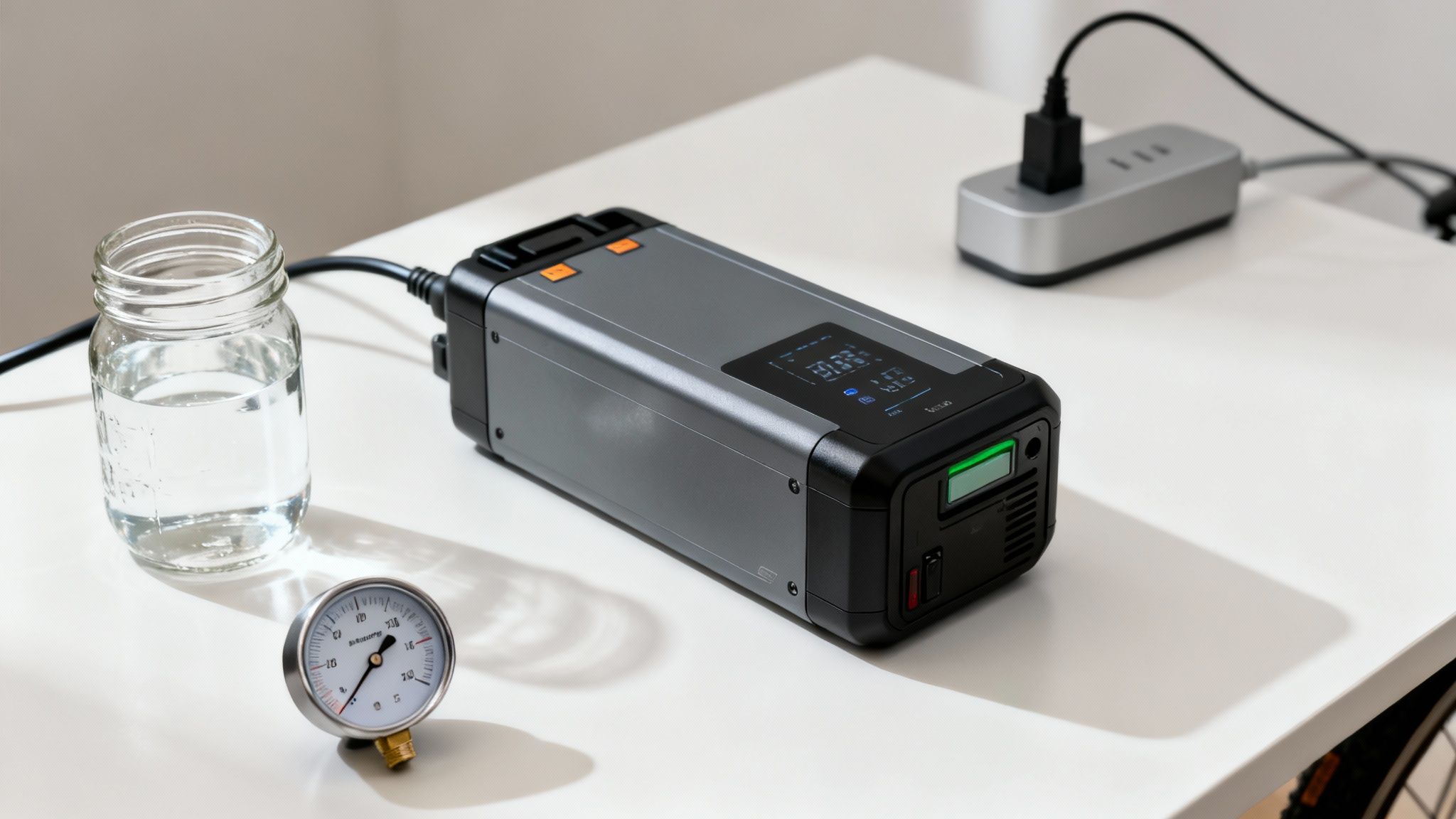 סוללה ניידת נטענת עם תצוגה דיגיטלית, מחוברת לשקע, ליד כוס מים ומד לחץ.