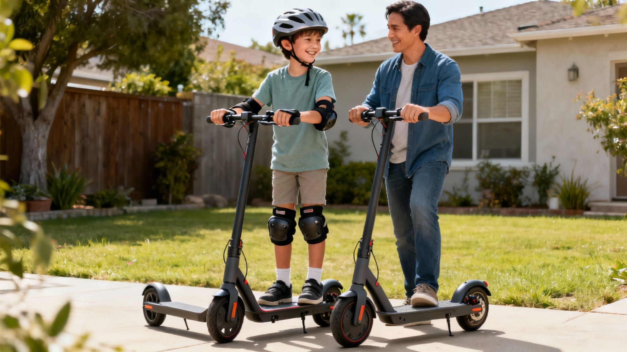 אב ובנו רוכבים בשמחה על קורקינטים חשמליים, הבן חובש קסדה וציוד מגן בחצר הבית.