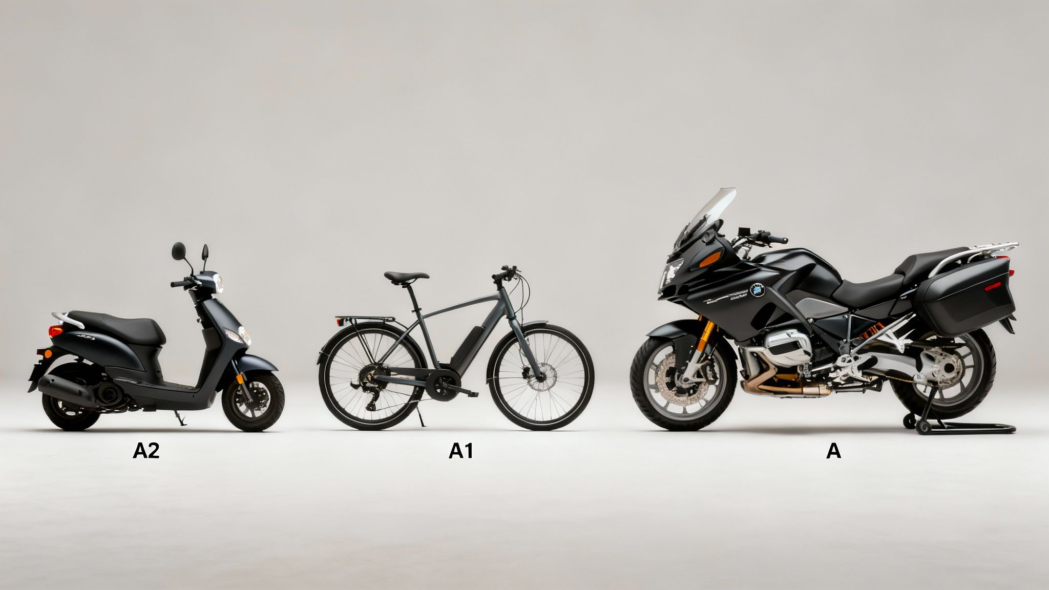 תמונה המציגה קטנוע, אופניים חשמליים ואופנוע, המייצגים סוגים שונים של כלי רכב ורישיונות נהיגה.