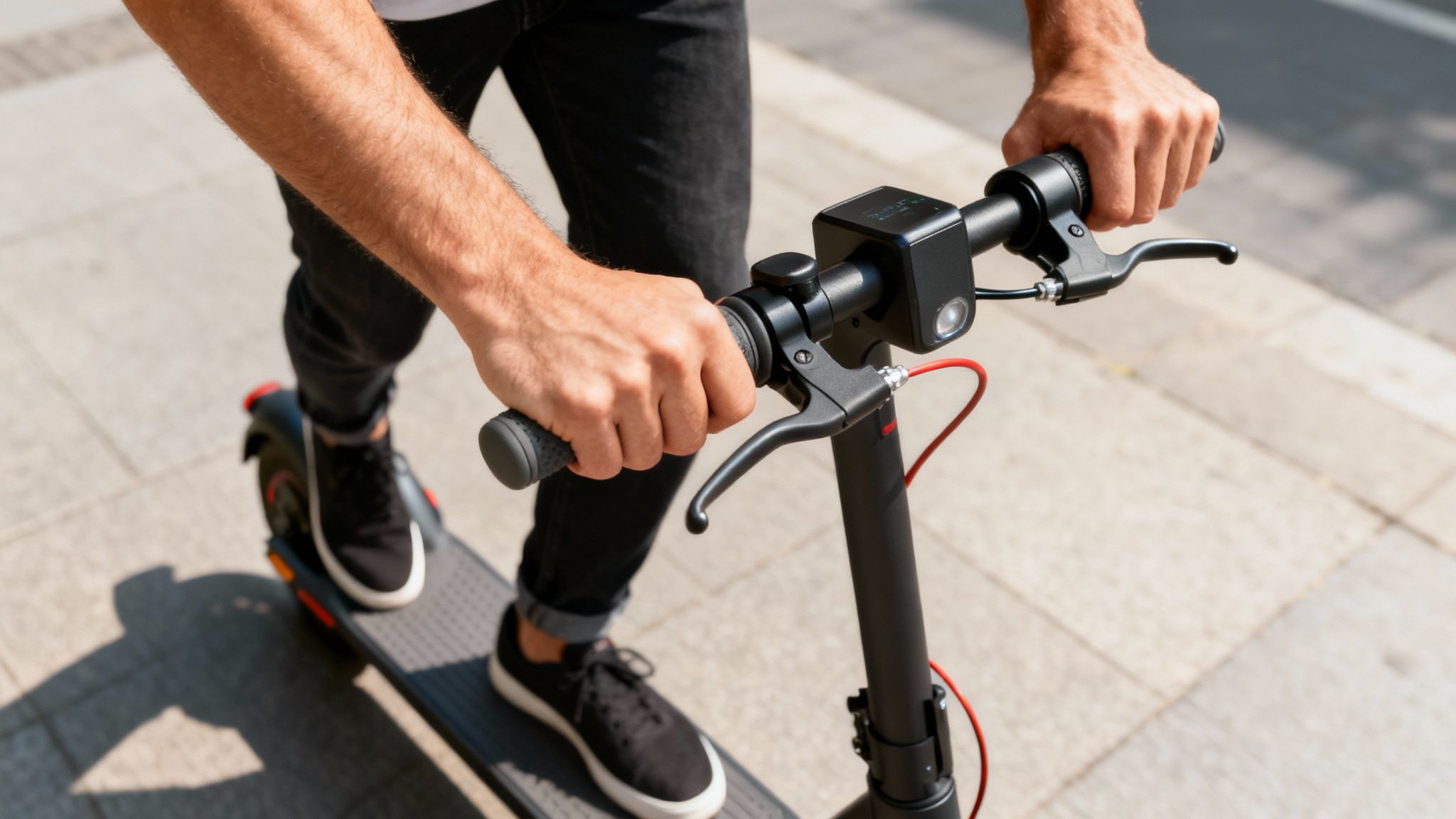 תקריב של ידיים אוחזות בכידון של קורקינט חשמלי ביום שמש, עם רגליים על המשטח.