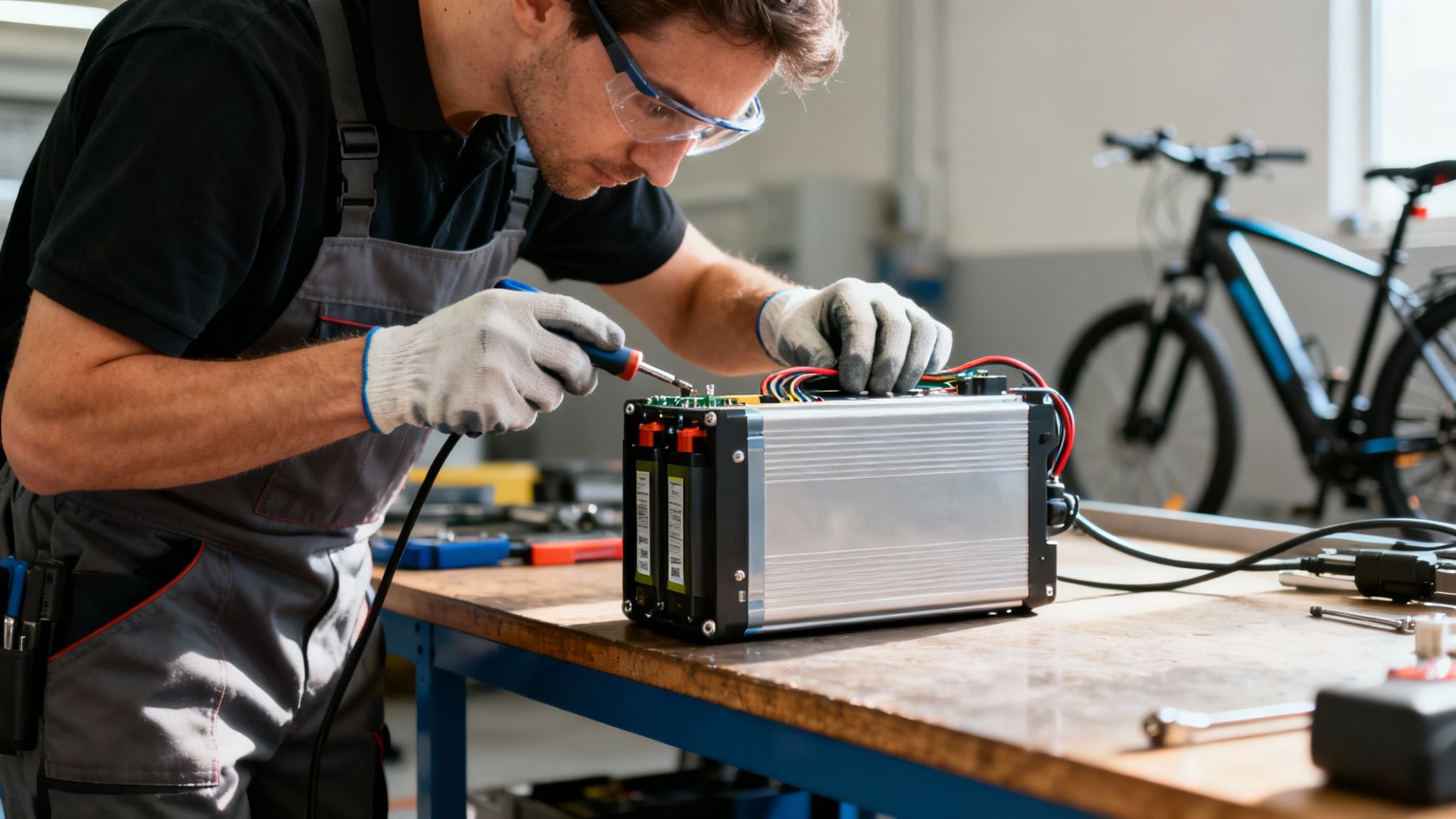 גבר עם משקפי מגן וכפפות מרתך רכיב אלקטרוני, כנראה סוללה לאופניים חשמליים, בסדנה.