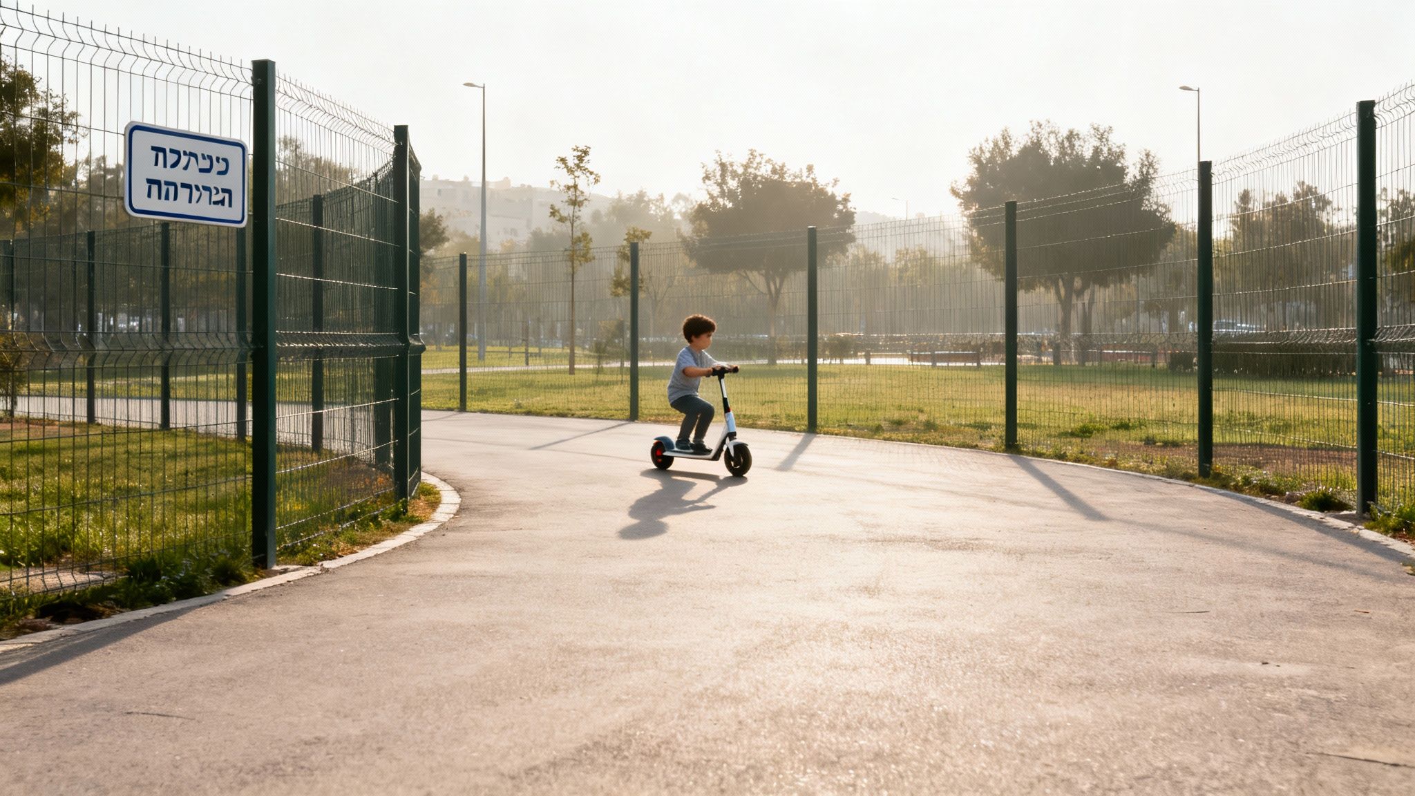 ילד קטן רוכב על קורקינט חשמלי לבן בשביל מרוצף שטוף שמש ליד גדר ירוקה.