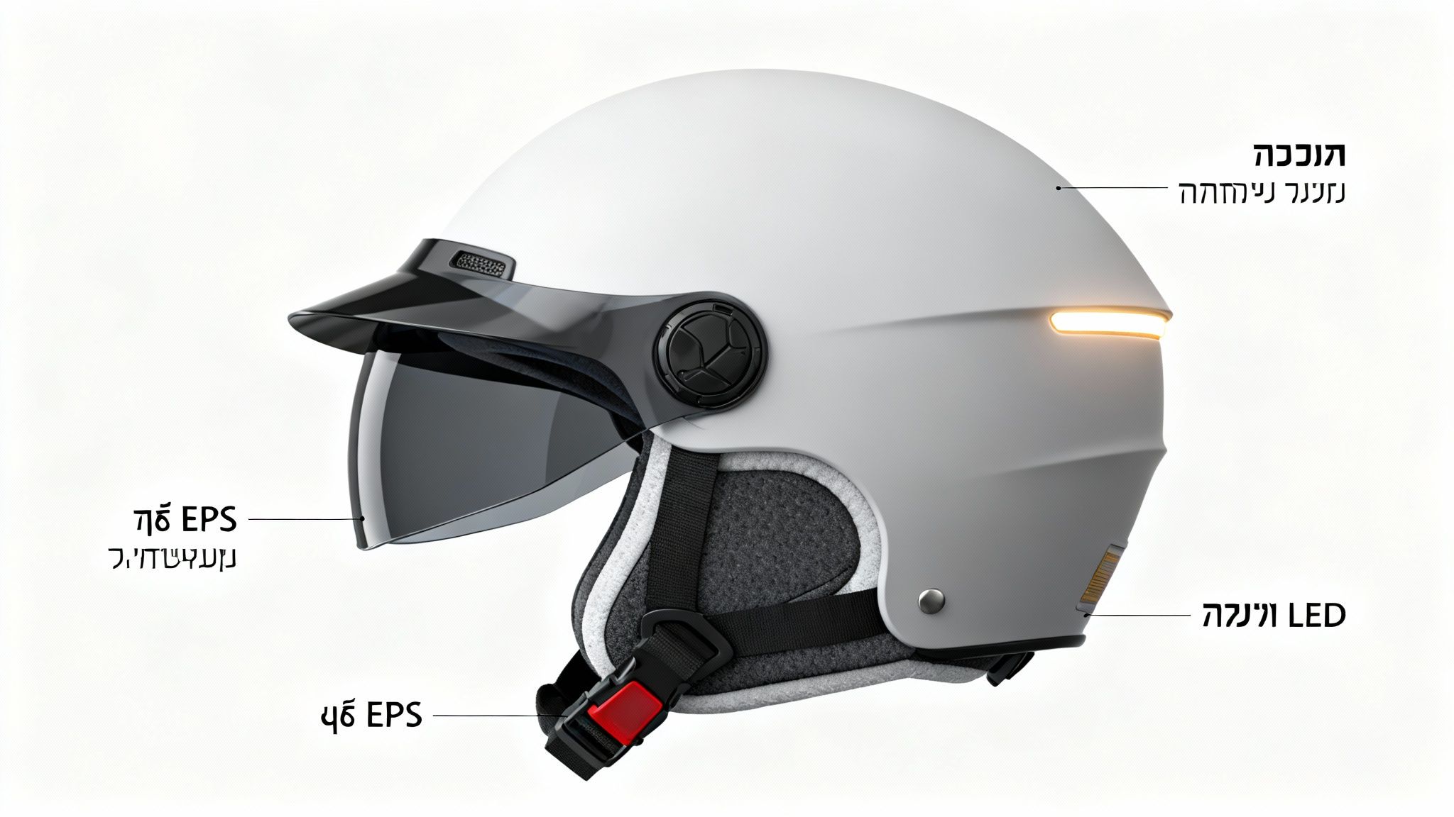 קסדת קורקינט חשמלי לבנה עם משקף כהה, רצועת סנטר ותאורת LED אחורית מוארת.