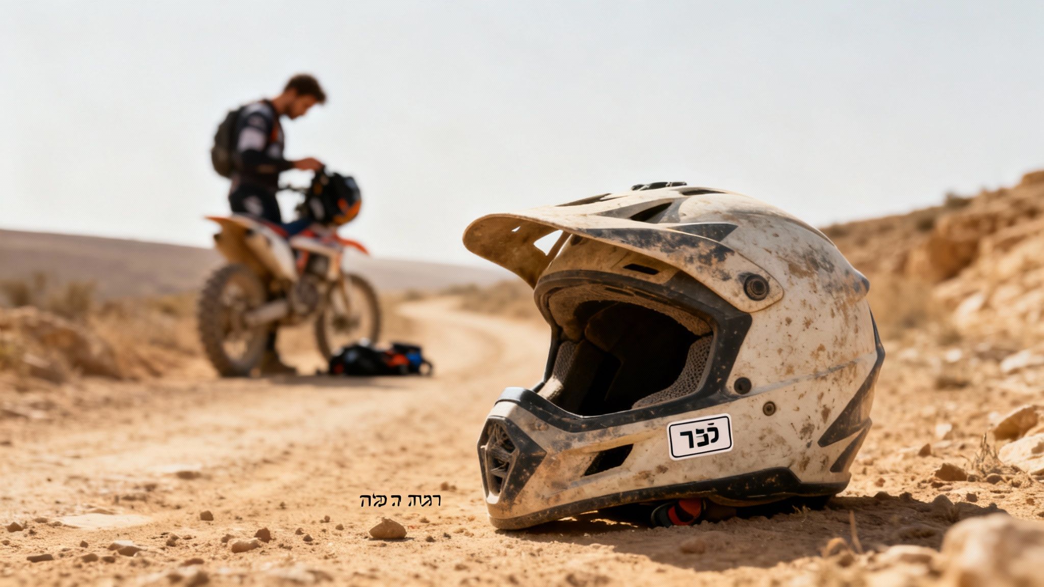 קסדת שטח מלוכלכת מונחת על שביל עפר, רוכב אופנוע עומד ליד אופנוע השטח שלו ברקע מטושטש.