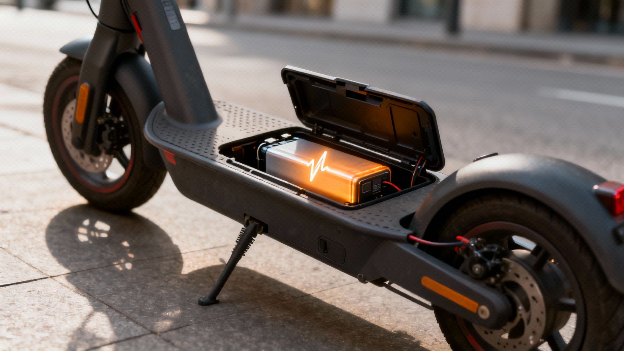 קורקינט חשמלי אפור עם תא סוללה פתוח המציג סוללה זוהרת עם סמל טעינה פועם.