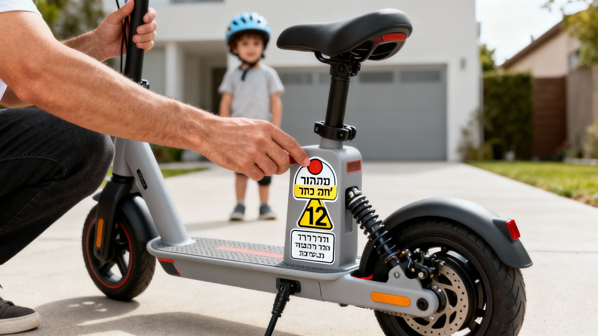 גבר מכין קורקינט חשמלי אפור, כשילד קטן בקסדה צופה ברקע.