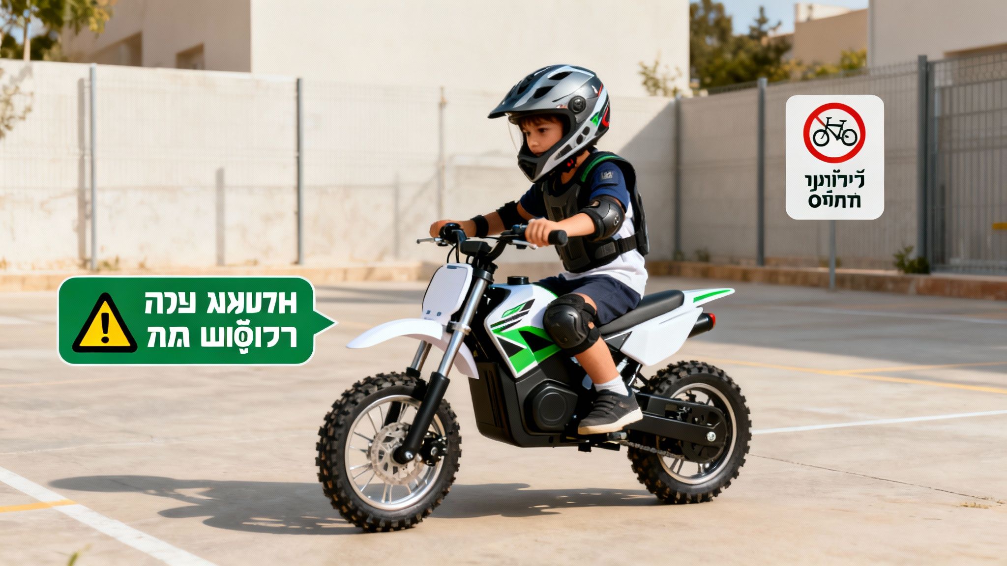 ילד קטן רוכב על אופנוע שטח לבן וירוק, לבוש קסדה וציוד מגן. שלטי אזהרה בעברית נראים ברקע.