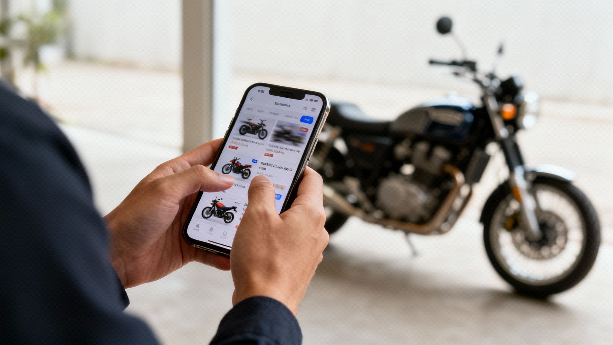 אדם גולש באפליקציית מכירת אופנועים בטלפון נייד, ברקע אופנוע אמיתי מטושטש.