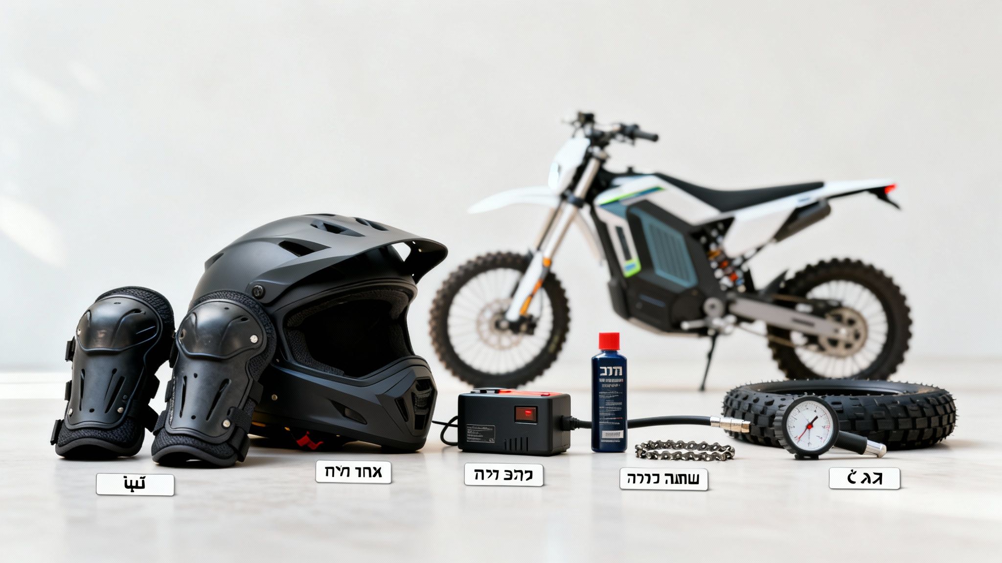 ציוד בטיחות ותחזוקה מלא לאופנוע שטח חשמלי, כולל קסדה, מגנים, מדחס, חומר תיקון וצמיג.