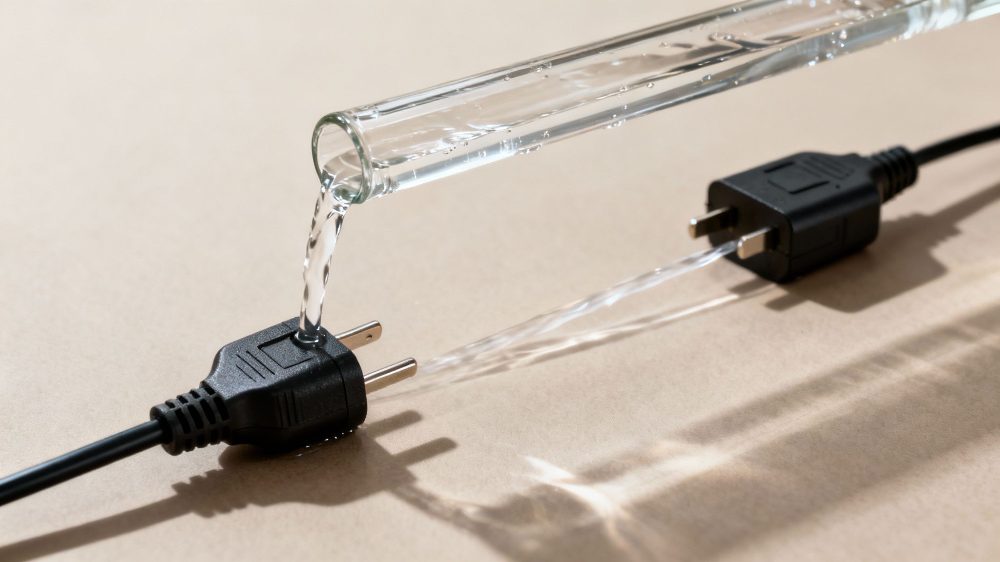 מים נשפכים מצינור זכוכית על תקע חשמלי, עם תקע נוסף המחובר בזרם מים. סכנת קצר ונוזלים בחשמל.