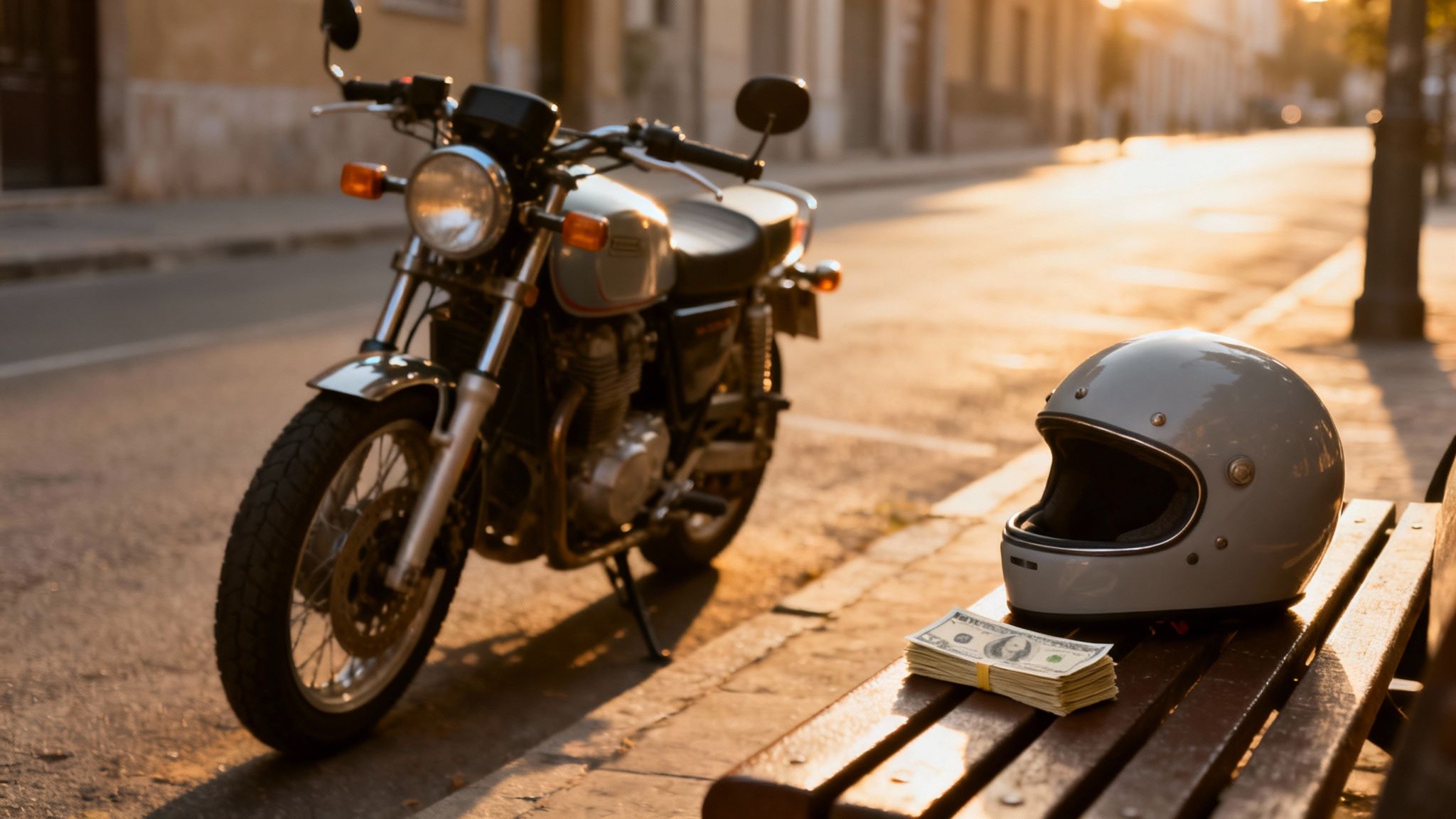 אופנוע קלאסי, קסדה וכסף מונחים על ספסל עץ ברחוב בשעת שקיעה זהובה.