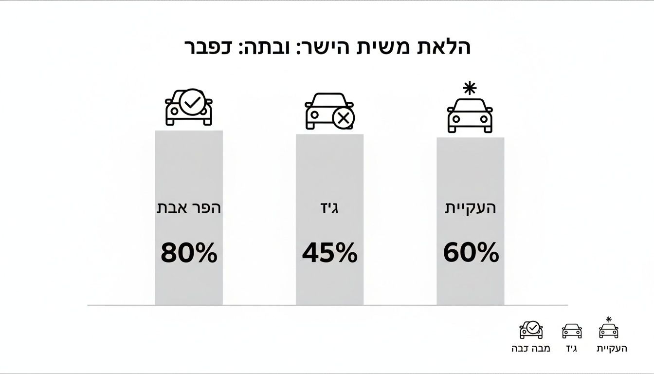 גרף עמודות המציג אחוזים של שלושה סוגי מכוניות עם אייקונים שונים ותוצאות בדיקה.